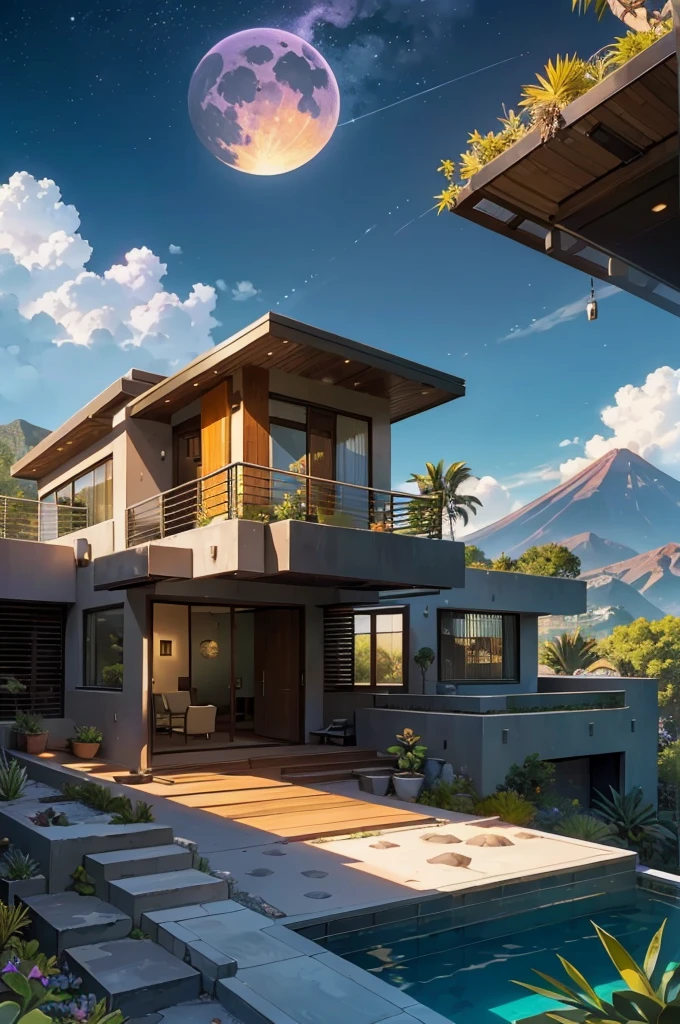 small and beautiful modern house in top of big boulders, terraces, pool, stairs, multiple cacti gardens, palms, trees, rocks, beautiful landscape design, mountains and volcano y background, amazing clouds, sun, moon, planets, milky way galaxy, concrete, wood, glass and steel materials, olive green, violet, orange and withe colors in facade