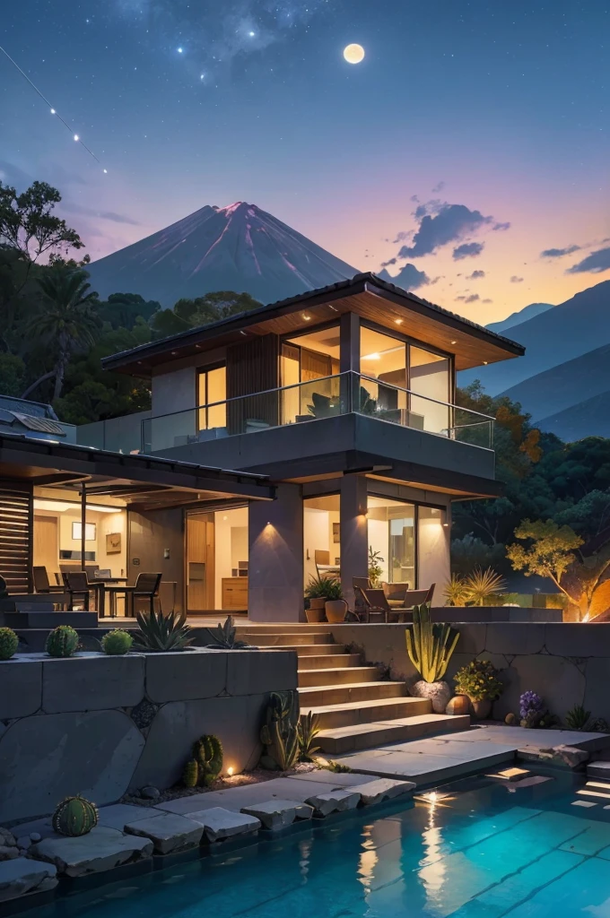 small and beautiful modern house in top of big boulders, terraces, pool, stairs, multiple cacti gardens, palms, trees, rocks, beautiful landscape design, mountains and volcano y background, amazing clouds, sun, moon, planets, milky way galaxy, concrete, wood, glass and steel materials, olive green, violet, orange and withe colors in facade