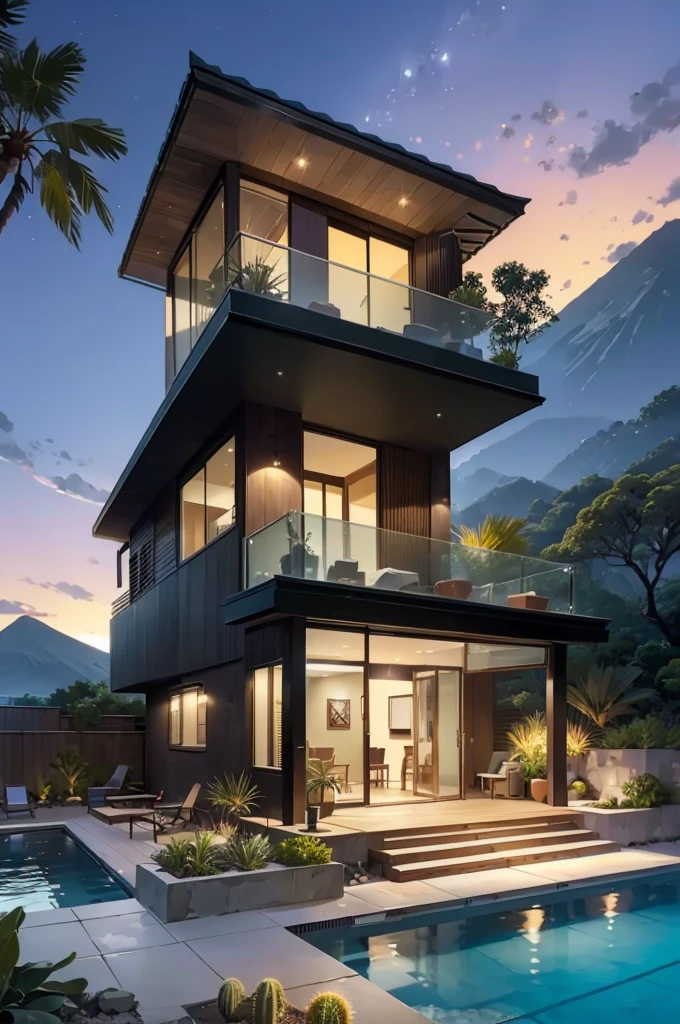 small and beautiful modern house in top of big boulders, terraces, pool, stairs, multiple cacti gardens, palms, trees, rocks, beautiful landscape design, mountains and volcano y background, amazing clouds, sun, moon, planets, milky way galaxy, concrete, wood, glass and steel materials, olive green, violet, orange and withe colors in facade