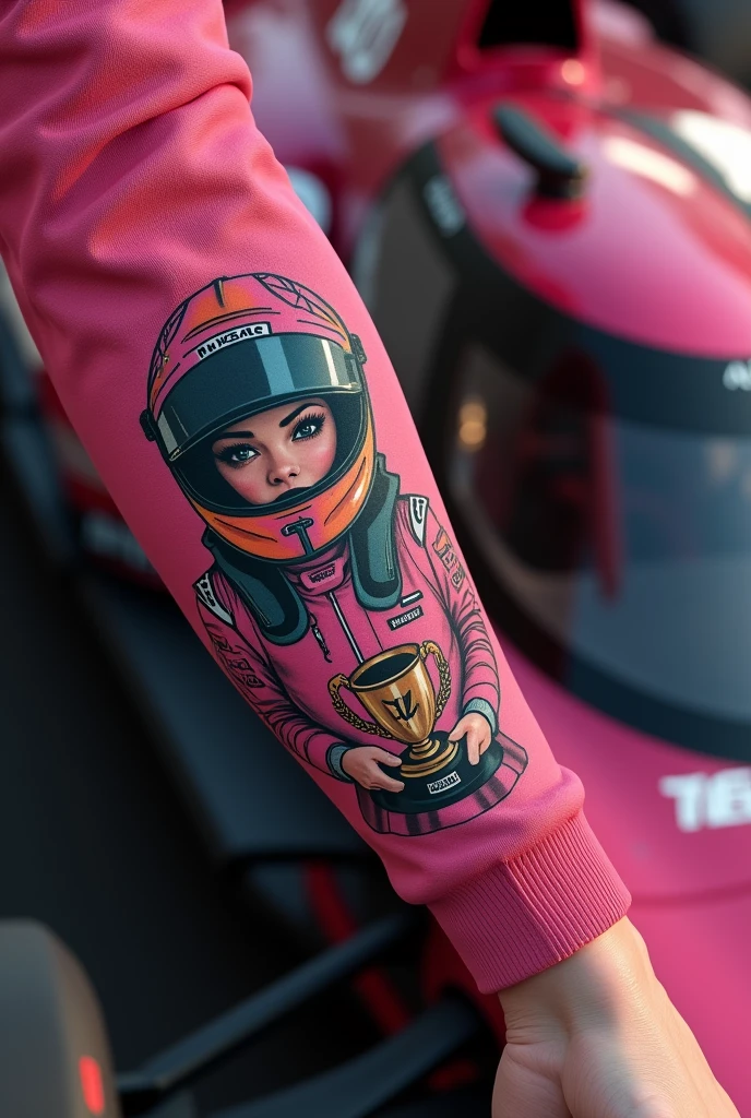 Forearm with tattoo of a female race car driver, in pink pilot suit, on his suit written the number 14, with black and pink closed helmet, in his hands a trophy, sitting in a rosewood Nissan V16