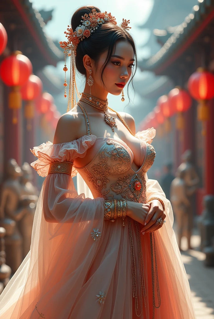 Chinese girl with coins gold , thick body, curvy body, curvy waist, big , white skin, gorgeous costumes embroidered with intricate embroidery, exposed , flowing tulle, transparent long colorful ribbons tied on the arms, inspired by cinderella, showing navel,  shoulders,  neck, hair in a high bun with flower hairpins, ribbons on arm rings, wreaths, bracelets, anklets, high heels, metal chain tassels on the waist, Mogao Grottoes art, ink painting, cgstation pop, in the night market, ((fullbody)), ((super realistic))