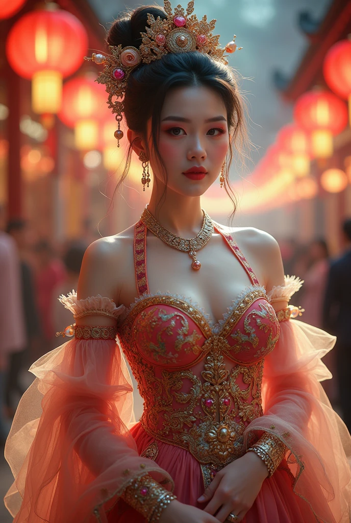 Chinese girl with coins gold , thick body, curvy body, curvy waist, big breast, white skin, gorgeous costumes embroidered with intricate embroidery, exposed breasts, flowing tulle, transparent long colorful ribbons tied on the arms, inspired by cinderella, showing navel, bare shoulders, bare neck, hair in a high bun with flower hairpins, ribbons on arm rings, wreaths, bracelets, anklets, high heels, metal chain tassels on the waist, Mogao Grottoes art, ink painting, cgstation pop, in the night market, ((fullbody)), ((super realistic))