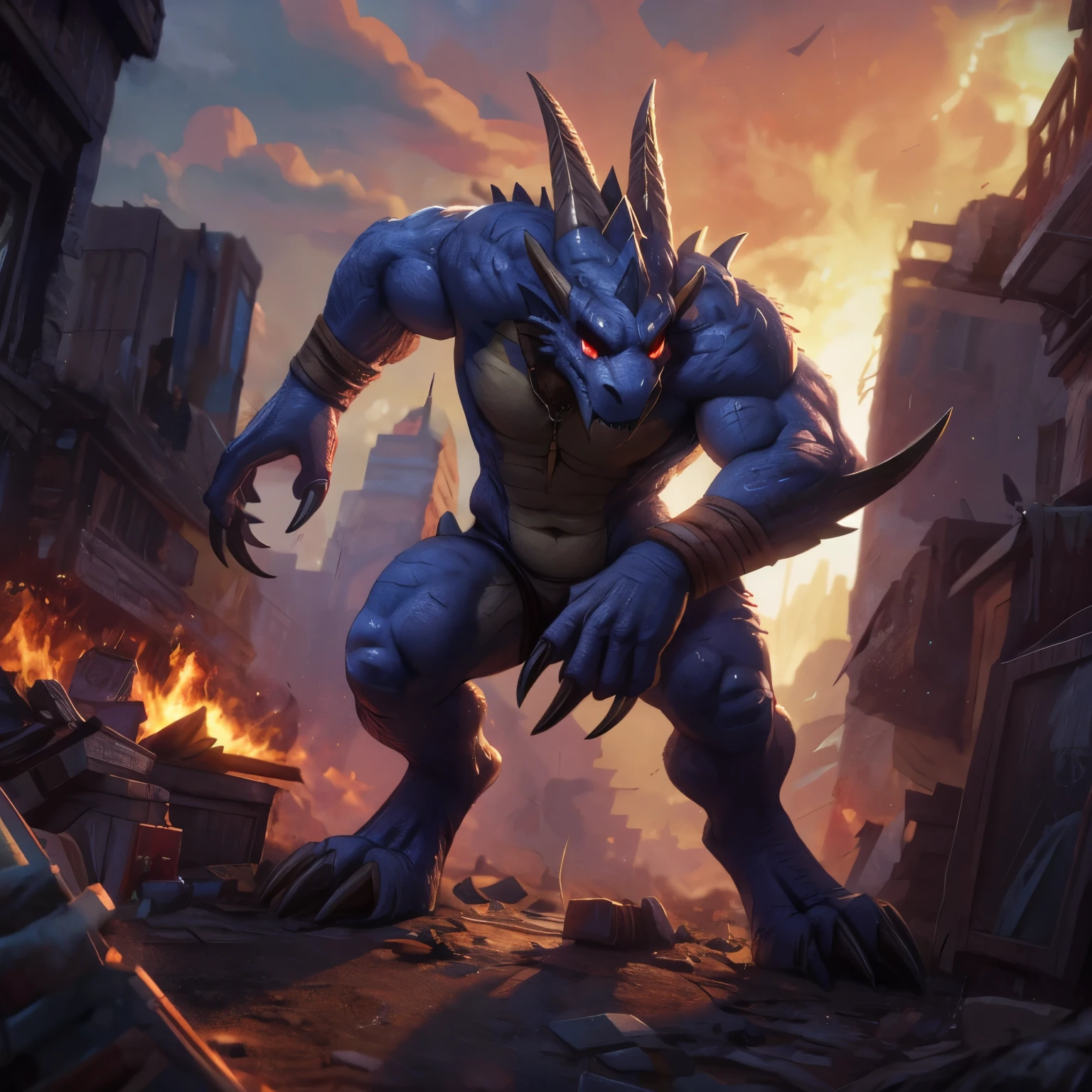 Masterpiece, Best quality, 8k, Ultra-high resolution, In a run-down city, [(terroral)+(Humanoid monster with goat face)]There are sharp claws, Huge blue scales and red eyes all over, They left flickering sparks and illusory energy residues under their feet, Set against the backdrop of cities destroyed after the apocalypse, Volumetric lighting, rendering by octane, 4K resolution, ArtStation Trends, masterpiece