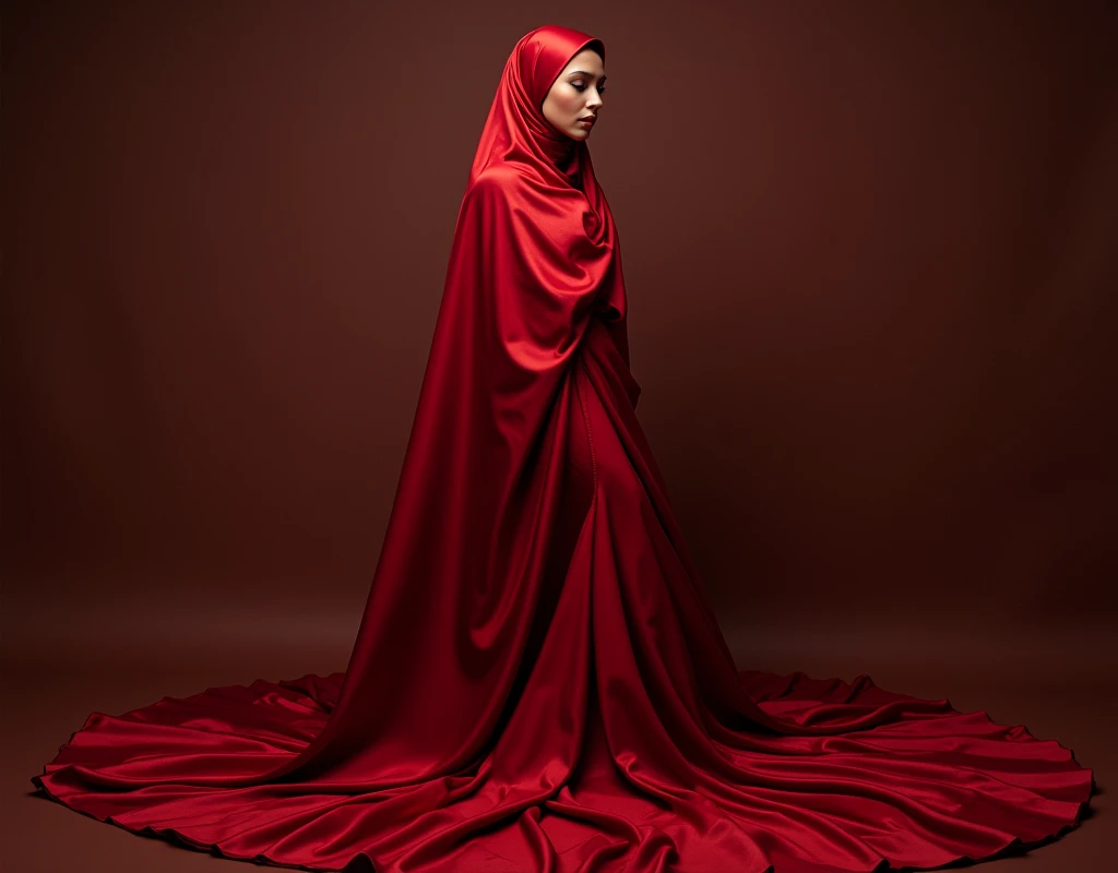 Captivating, elegant woman is engendered in a cascade of four-meter-long, ruby-red, plush satin fabric. The material clings tightly to her figure, spreading out into a pooled train at her feet, mimicking a mermaid's tail. A satin hijab cloaks her head, in bed room, revealing only a hint of her upper body. This full-body portrait radiates a mythical sophistication. Wrapped, eth