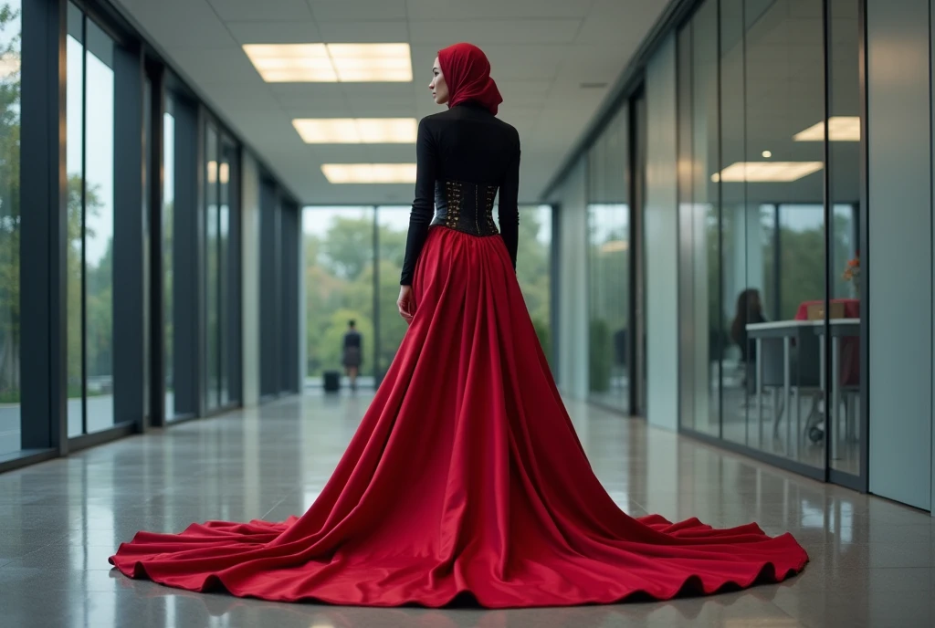 A woman, draped in an elegant silk red skirt with a long train cascading behind her, stands poised in an office setting, corset cinching her waist, hijab styled atop her head, mermaid-style satin skirt embracing her form, skirt flowing with a dramatic sweep, juxtaposed against the stark office environment