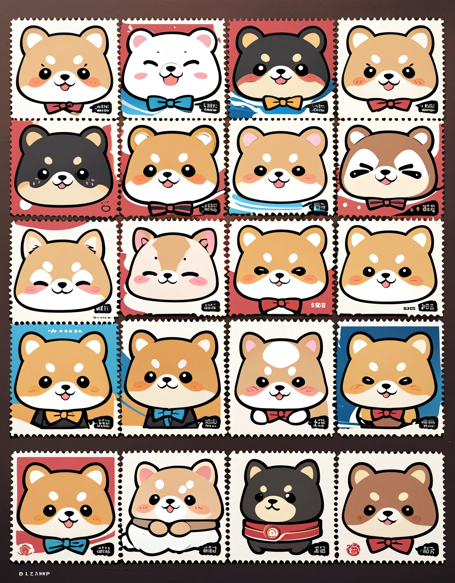 (masterpiece:1.2, Highest quality,Highest quality,Very detailedな:1.2),(Very detailed),(Best illustrations),8k,(Mr.々Stamps featuring small Shiba Inu characters with cute expressions are arranged in a square.,Deformation,Very simple design,Rilakkuma style)