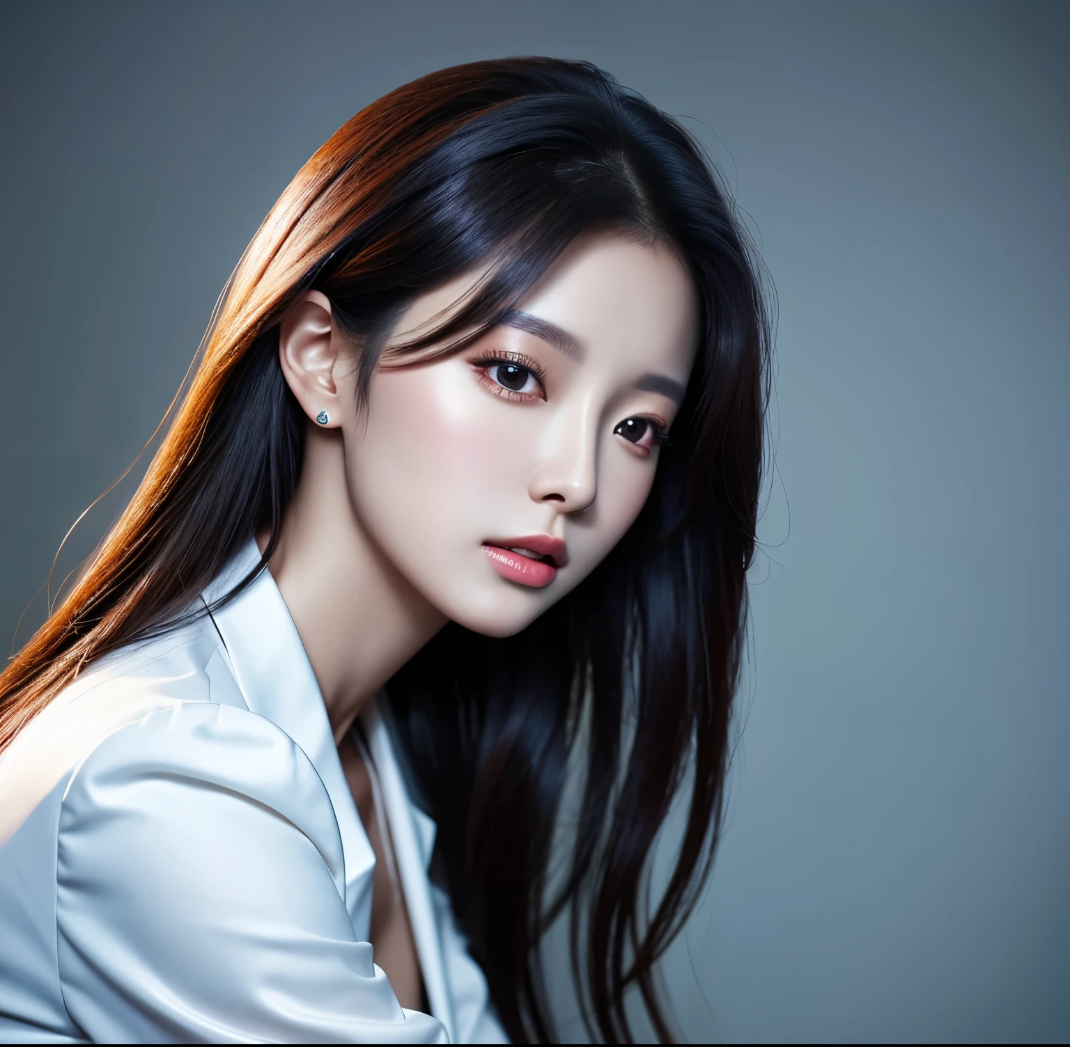 Close up portrait of woman in blue suit and white shirt, Elegant digital art, High-quality portraits, Shiny digital painting, Digital Art Images, Beautiful digital art, Elegant digital painting, Portraits of Korean female idols, Beautiful digital painting, Realistic cute girl drawing, high quality digital painting, TWICE&#39;s Tzuyu, Professional Profile Photo, Korean Girls