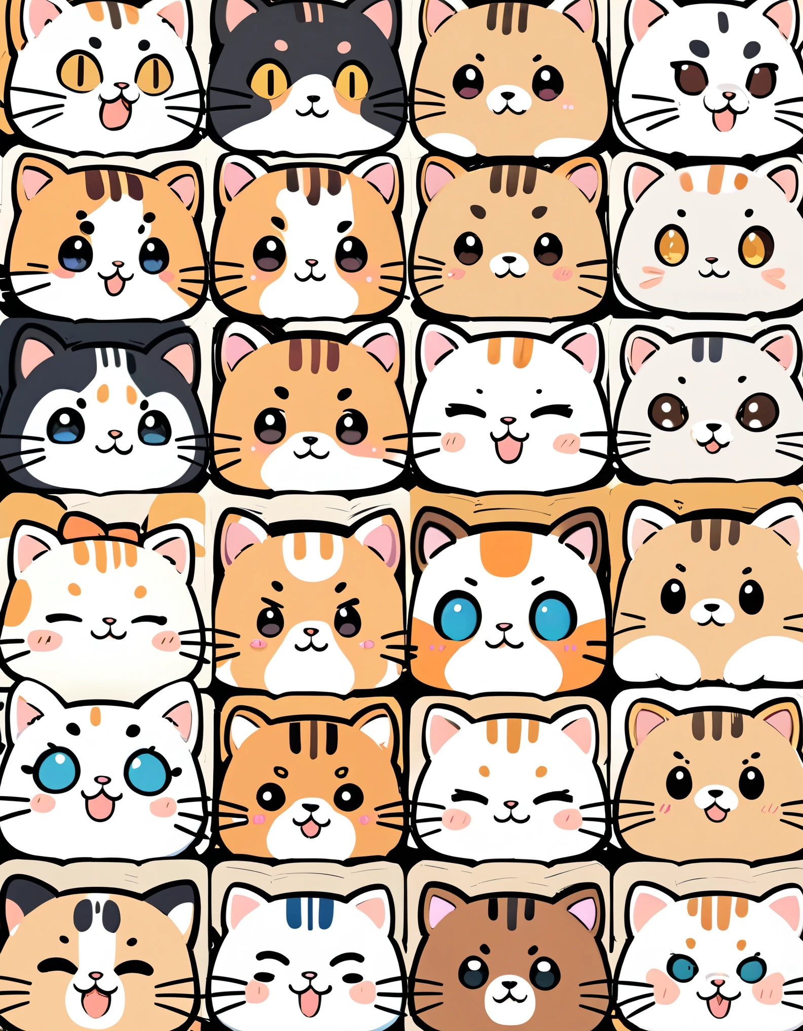 (masterpiece:1.2, Highest quality,Highest quality,Very detailedな:1.2),(Very detailed),(Best illustrations),8k,(Mr.々Stamps featuring small calico cat characters with cute expressions are arranged in a square.,Deformation,Very simple design,Rilakkuma style)