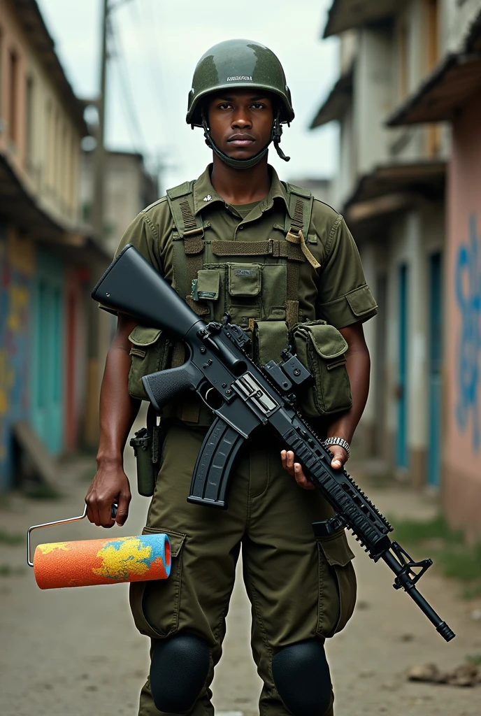 Draw a Brazilian army soldier holding a paint roller in one hand and a rifle in the other.