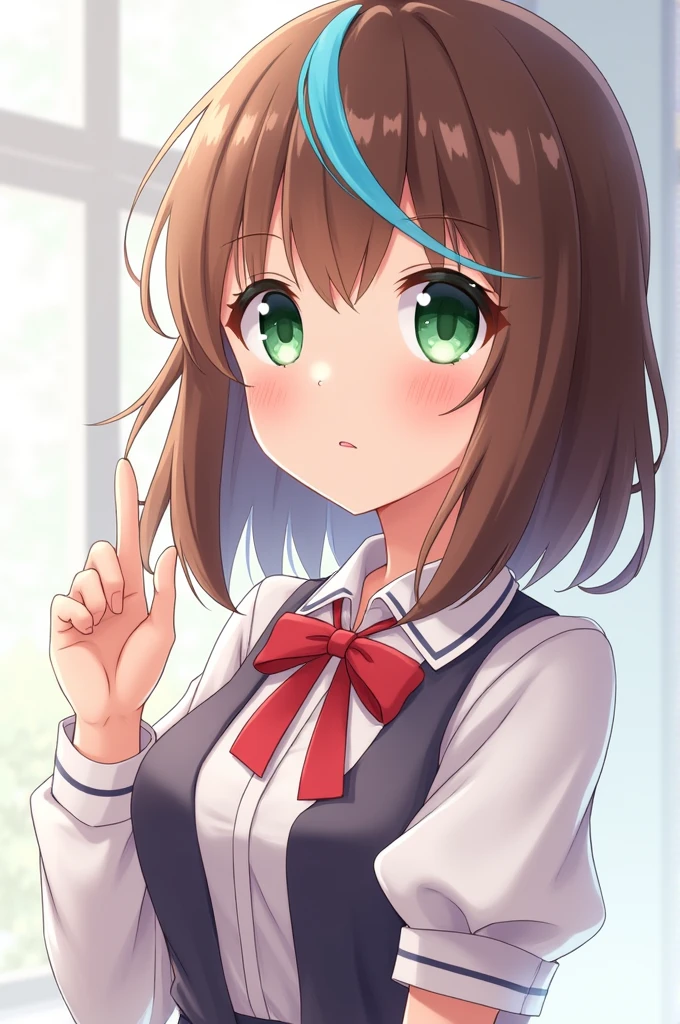 Anime girl with medium brown hair and a blue streak in her bangs with green eyes and wearing pretty clothes 
