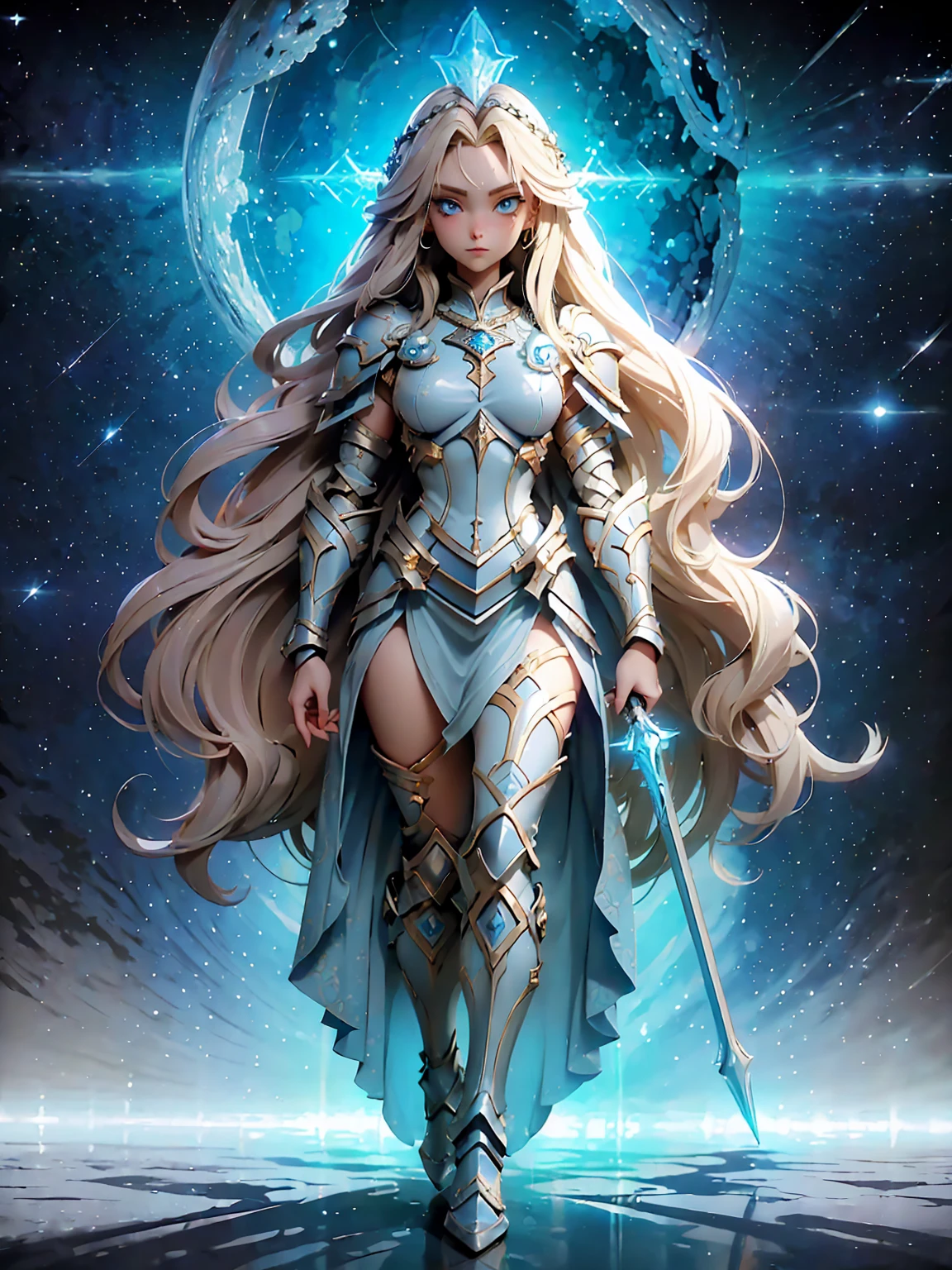 (((Masterpiece, best quality, 16k))) female character with long blonde hair and bright blue eyes. She wears a celestial armor in white, gold, and blue. wields a divine spear. The character has a determined expression, with a heavenly realm as the background. ((full body view:1.4)). ((slender)), (extremely detailed:1.5), (long blonde hair:1.2), (bright blue eyes:1.2), (heavenly realm:1.1), (celestial armor:1.3), (divine spear:1.3).