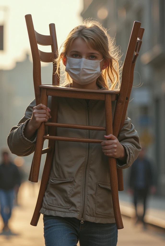young girl with mask carries a chair on her shoulder
