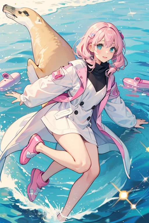 Wawa is a girl seal with a shiny cream coat. she have pink flippers, tail, .SPARKLE; GLITTER