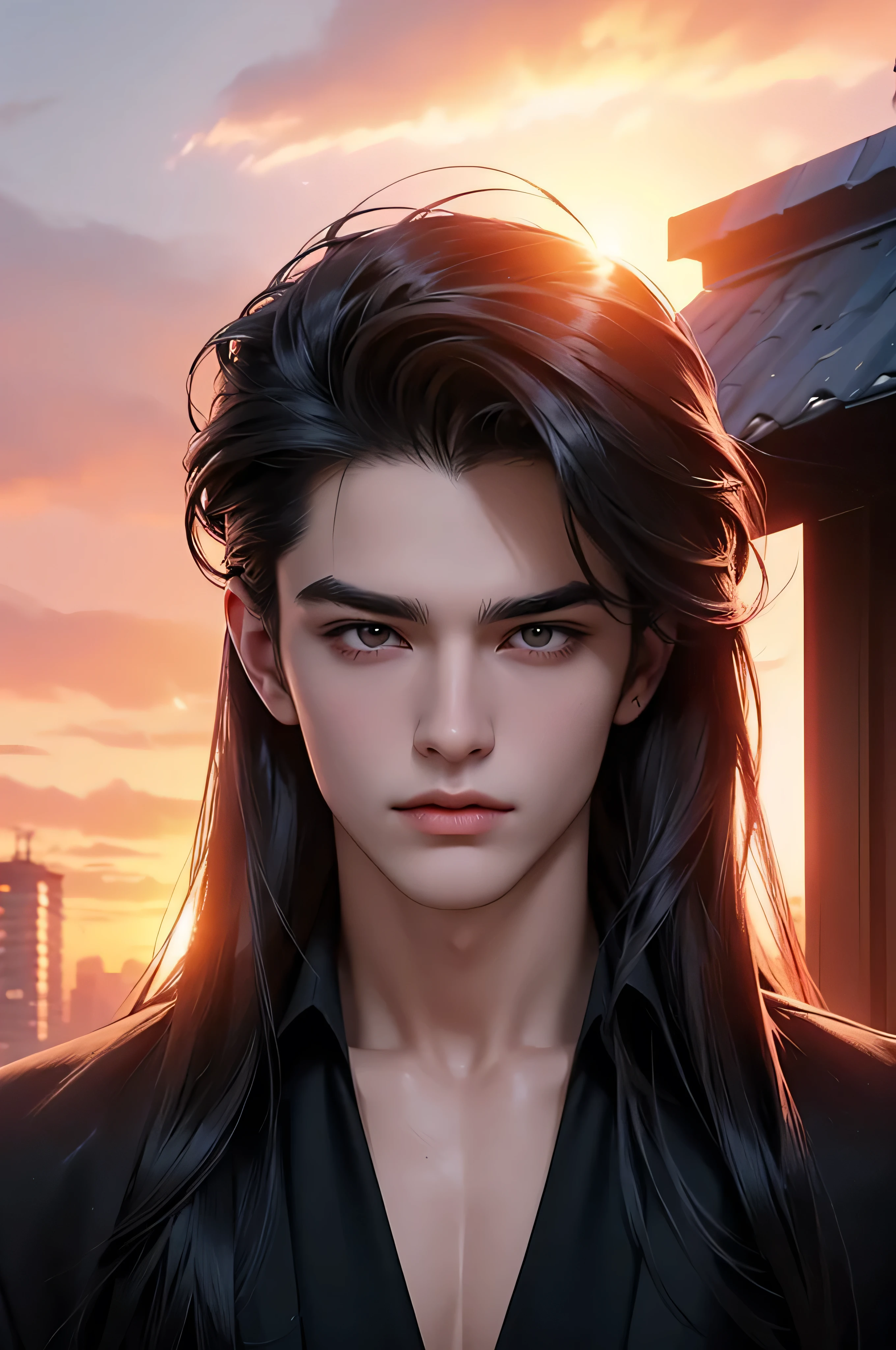 (Best quality)), ((masterpiece)), (detailed), ((perfect face)), ((halfbody)) perfect proporcions, He is a handsome vampire, 18 years old, he is sexy, long hair, badass, He has his back to the camera, he is on top of a building, pink sunset sky ((perfect face)) halfbody