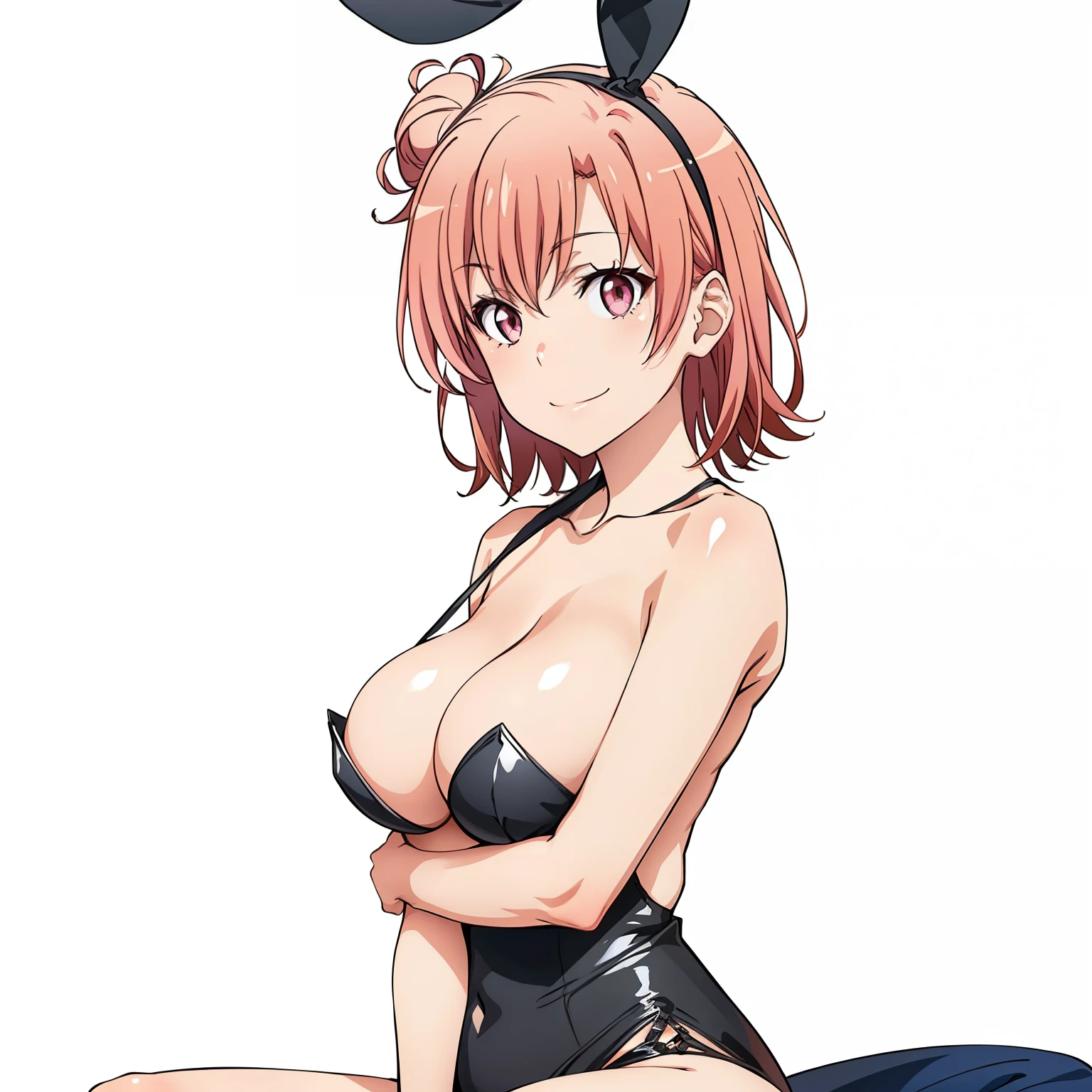 ((masutepiece, Best Quality, hight resolution, nffsw, Perfect Pixel, depth of fields, 4K, )), 1girl in, Solo, , Beautiful anime girl, Beautiful Art Style, close up, Looking at Viewer, Perfect body, side shot, Yuigahama Yui, Short hair, pink hair, pink eyes, hairbun, (large boob), side boob, sitting, black playboy bunny outfit, smile, hands on thighs, blank white background, shot from the waist up