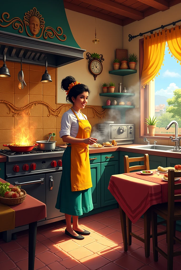 Restaurant titled El Rinconcito de Doña Maria with female chef cooking