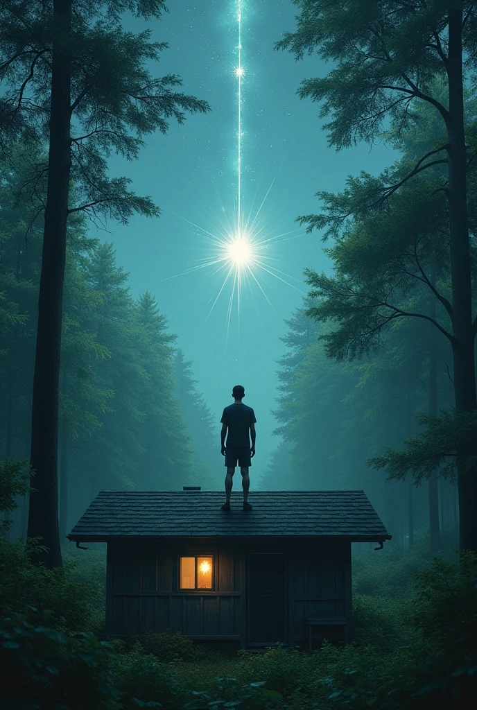 A young man closing his eyes and a star is slowly descending to the roof of his house where the young man is ,It's in the forest that's on your roof of your roof of your house