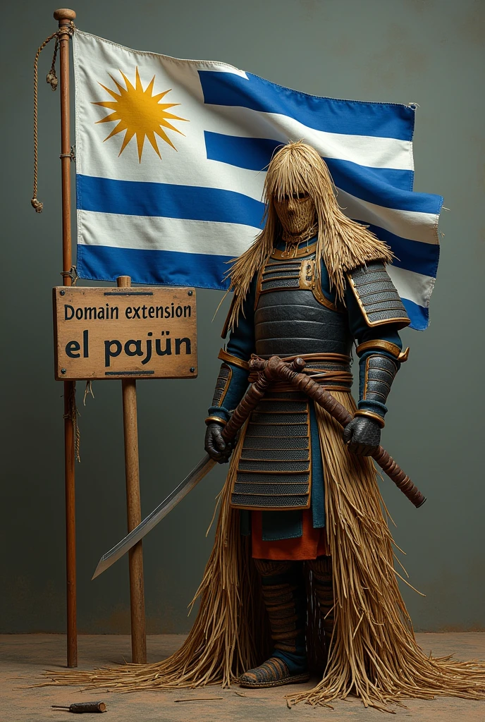 Samurai with a body of straw committing harakiri with a Uruguayan flag. Next to a sign that says: domain extension el pajín
