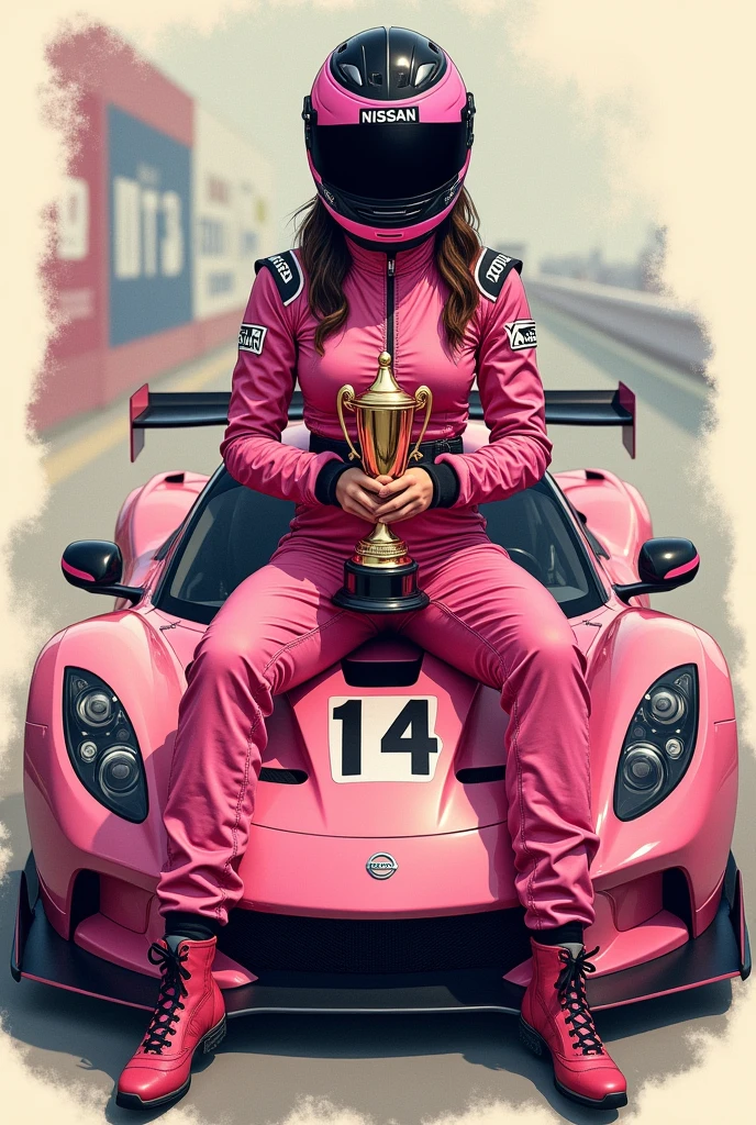 Female race car driver tattoo, in pink pilot suit, on his suit written the number 14, with black and pink closed helmet, in his hands a trophy, sitting on the hood of a rose-colored Nissan V16