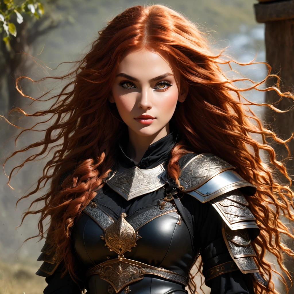 an image Nayane Laura Menequel XX weeks 13, a beautiful young woman with a friendly warrior appearance, detailed light honey eyes, long red hair, wearing black boots, she is in a full body pose