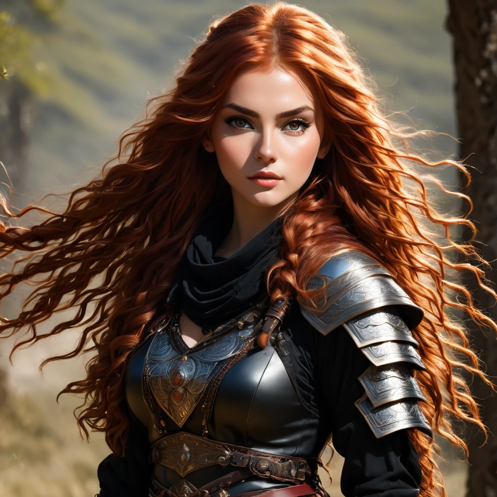 an image Nayane Laura Menequel XX weeks 13, a beautiful young woman with a friendly warrior appearance, detailed light honey eyes, long red hair, wearing black boots, she is in a full body pose