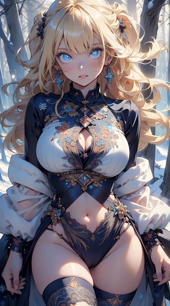 cute girl,1girl,((extremely cute and beautiful blonde haired anime girl)),((())),(large breasts:1.2),(((blonde long hair:1.2, big forhead:1.2),(straight cut bangs:1.2),blonde hair,shiny hair,hairgrip,curled eyelashes:0.6)),((blue_eyes:1.5)),intricate eyes,beautiful detailed eyes,symmetrical eyes,Big eyes:1.5,((fat)),(((lustrous skin:1.5,bright skin: 1.5,skin tanned,shiny skin,very shiny skin,shiny body,plastic glitter skin,exaggerated shiny skin,illuminated skin))),(spider lower abdomen,narrow waist,wide hip,athletic body,inflated legs,thick thighs,detailed body,(detailed face)),

cute,slutty,seductive,erotic,(nsfw),

zettai ryouiki,revealing sheer see-through tight-fitting clothing,show skin,mini skirt,(navel),(snowflake wreath),winter clothes,(((intricate outfit,intricate provocative clothes,embroidered outfit,ornate outfit,embroidered clothes,ornate clothes))),

(dynamic pose:1.0),embarrassed,(centered,scale to fit dimensions,Rule of thirds),

((snowy pine forest)),winter,scenery:1.25,((intricate scenery)),((snow forest background)),Christmas tree,

(Glossy winter ornaments),highres,sharp focus,(ultra detailed,extremely detailed),(photorealistic artwork:1.37),(extremely detailed CG unity 8k wallpaper),(((vibrant colors,vibrant theme))),(intricate),(masterpiece),(best quality),