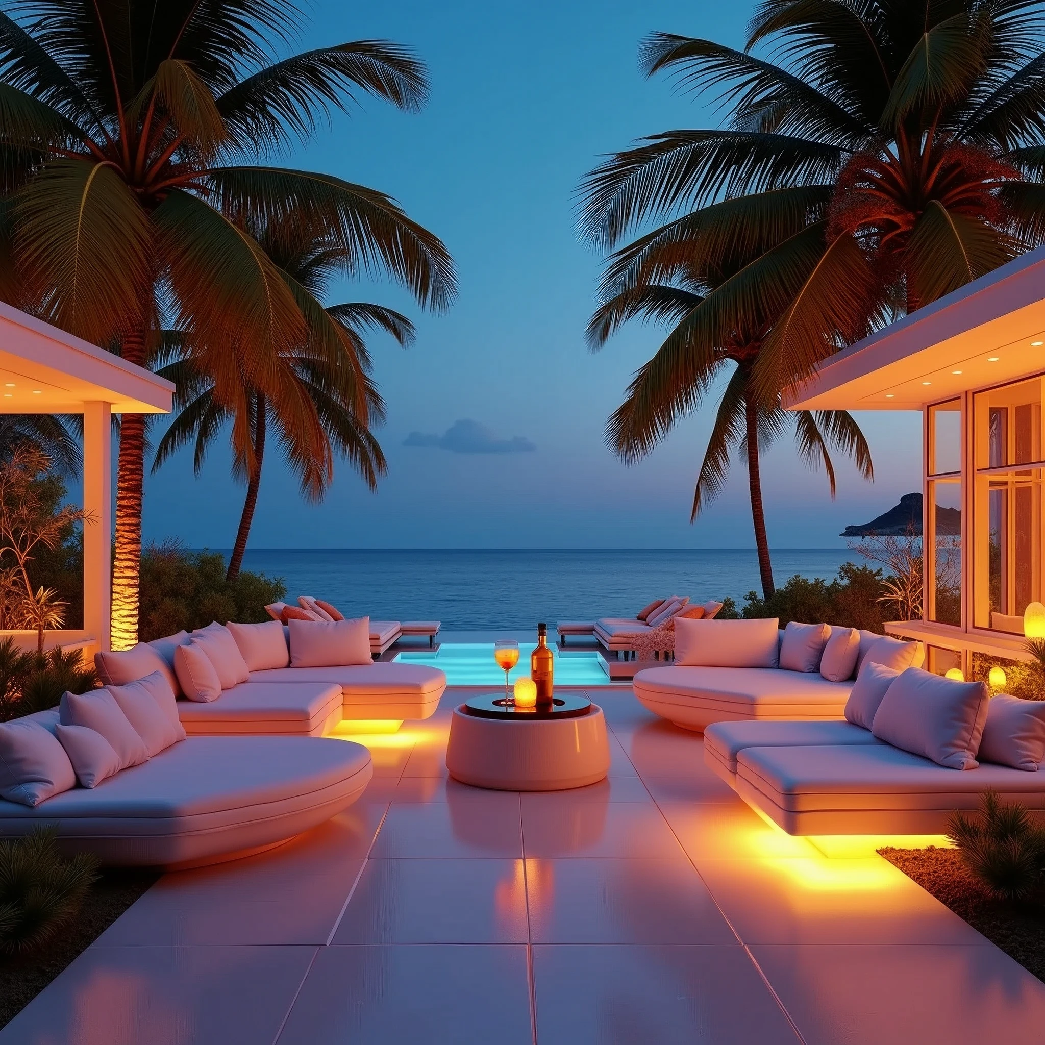 A stunning 3D representation of a luxurious paradisiacal setting, capturing the essence of opulence and natural beauty and surealism. The scene is viewed from a luxurious terrace adorned with plush cushions and modern lighting that exude warmth and elegance. in the center a small table with cocktails. In the background, the clear night over the calm sea, giving a bright tone to the swaying palm trees. The overall atmosphere is cinematic and modern, evoking a sense of glamor and sophistication., photo, fashion, vibrant colors cinematic, 3D rendering