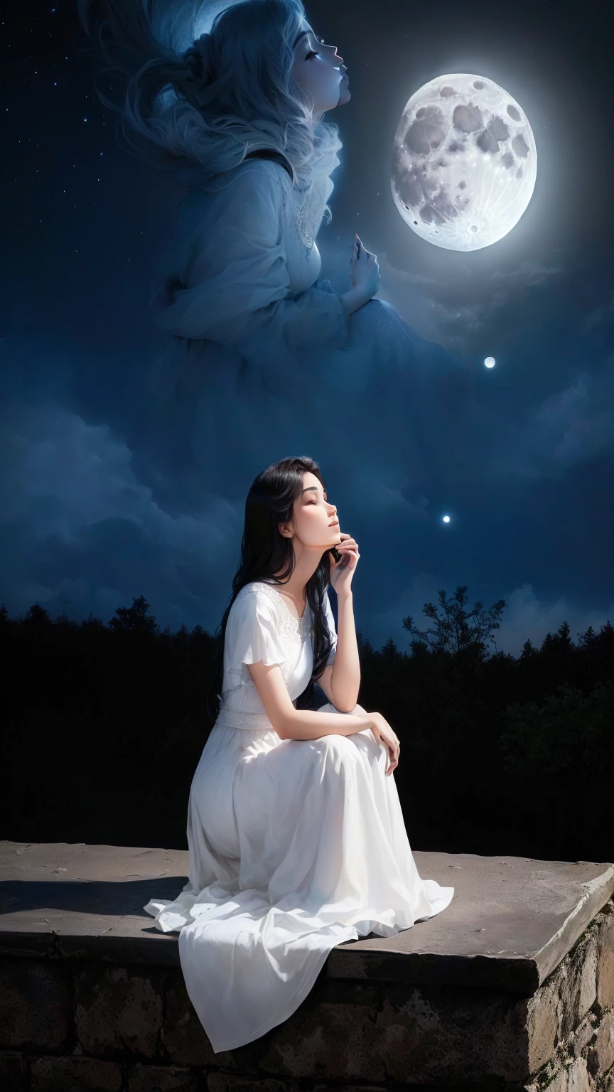 arafed woman sitting on a ledge looking up at the moon, at night with moon light, sitting on a moon, with full moon in the sky, moonlit night dreamy atmosphere, looking at the moon, the moon behind her, moon goddess, looking at the full moon, at night with full moon, beautiful moonlight night, moon light, moonlight