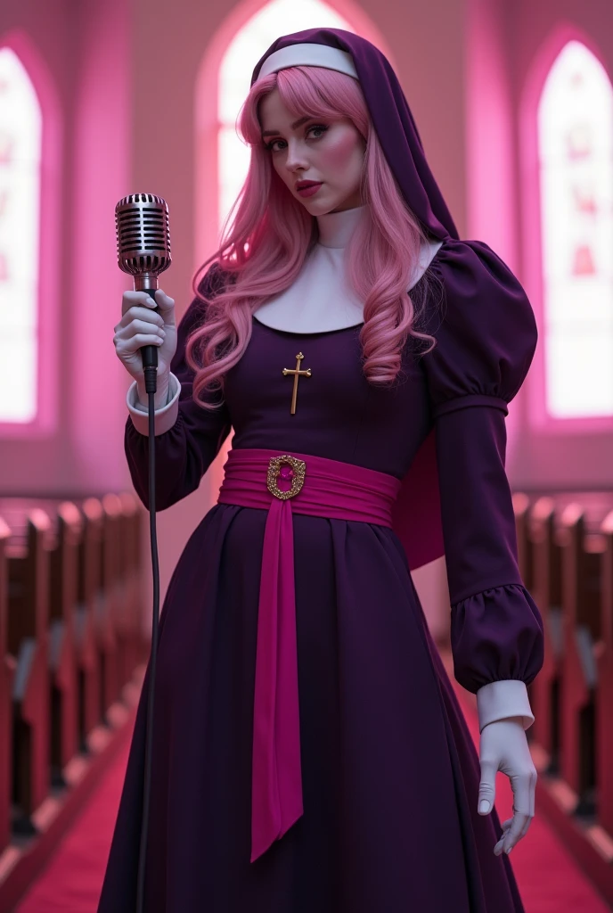 7'5" tall female in a dark purple long sleeve shirt with puffed sleeves,white neck collar,pink wide belt on her waist,dark purple skirt,dark purple thigh high boots. white long gloves,pink crosses on the sides of her dark purple nun veil Her skin has 3 colors: Purple, White, and Pink.she a hourglass body with long tea rose pink hair,white eyes,fluffy eyelashes,with big breasts and massive thighs,she is a demon in disguise,holding a dark purple microphone,win a church decorated in shades of pink,morning light through the windows