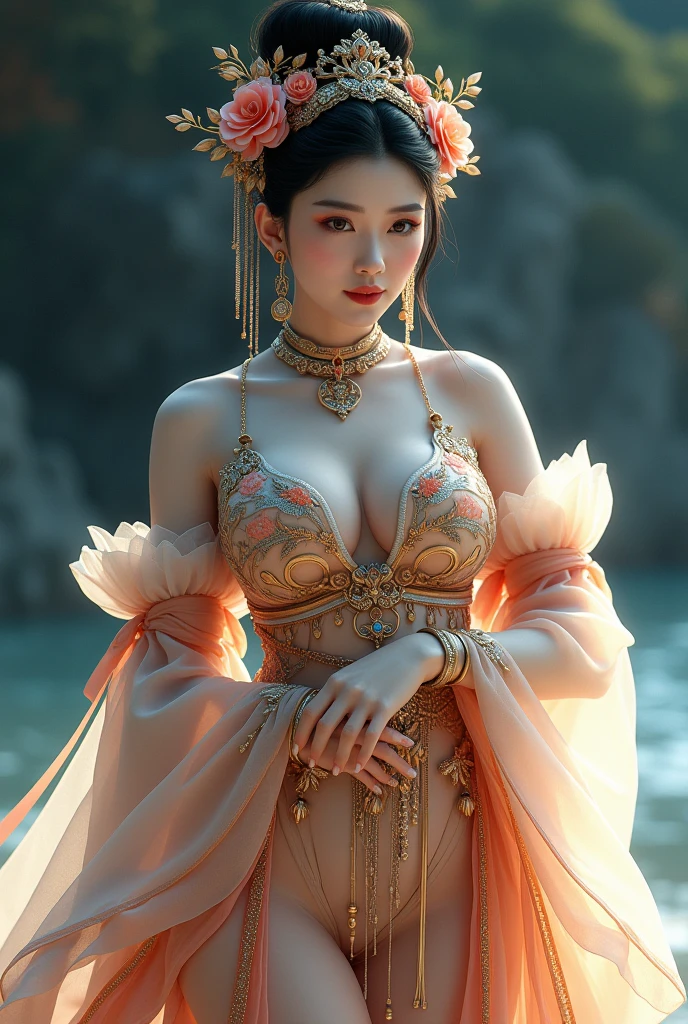 Chinese girl with coins gold , thick body, curvy body, curvy waist, big breast, white skin, gorgeous costumes embroidered with intricate embroidery, exposed breasts, flowing tulle, transparent long colorful ribbons tied on the arms, inspired by cinderella, showing navel, bare shoulders, bare neck, hair in a high bun with flower hairpins, ribbons on arm rings, wreaths, bracelets, anklets, high heels, metal chain tassels on the waist, Mogao Grottoes art, ink painting, cgstation pop, in the night beach, ((fullbody)), ((super realistic))