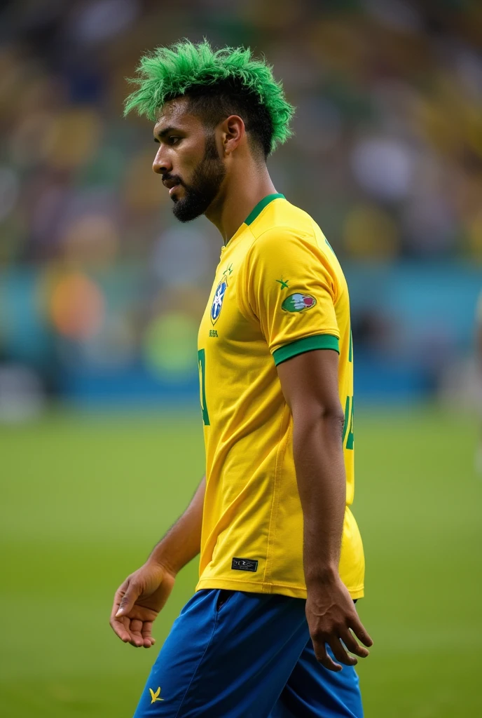 A Brazilian man standing walking sideways, with green hair, Corinthians shirt.