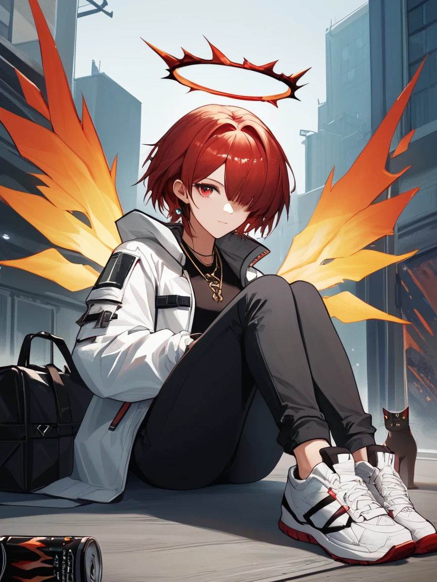 score_9,score_8_up,score_7_up,score_6_up,exusiai (arknights), hair over one eye, 1girl, pants, red hair, halo, shoes, holding, jacket, short hair, sitting, white jacket, black pants, can, cat, sneakers, solo, red eyes, jewelry, looking at viewer, bottle, energy wings, white footwear, necklace, wings, open jacket, full body, long sleeves, open clothes, shirt, ring, detached wings, black shirt, holding can, bag, cup