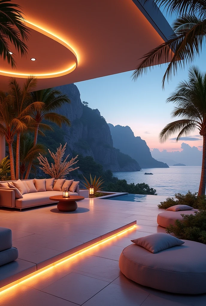 A stunning 3D representation of a luxurious paradisiacal setting, capturing the essence of opulence and natural beauty and surealism. The scene is viewed from a luxurious terrace adorned with plush cushions and modern lighting that exude warmth and elegance. in the center a small table with cocktails. In the background, the clear night over the calm sea, giving a bright tone to the swaying palm trees. The overall atmosphere is cinematic and modern, evoking a sense of glamor and sophistication., photo, fashion, vibrant colors cinematic, 3D rendering