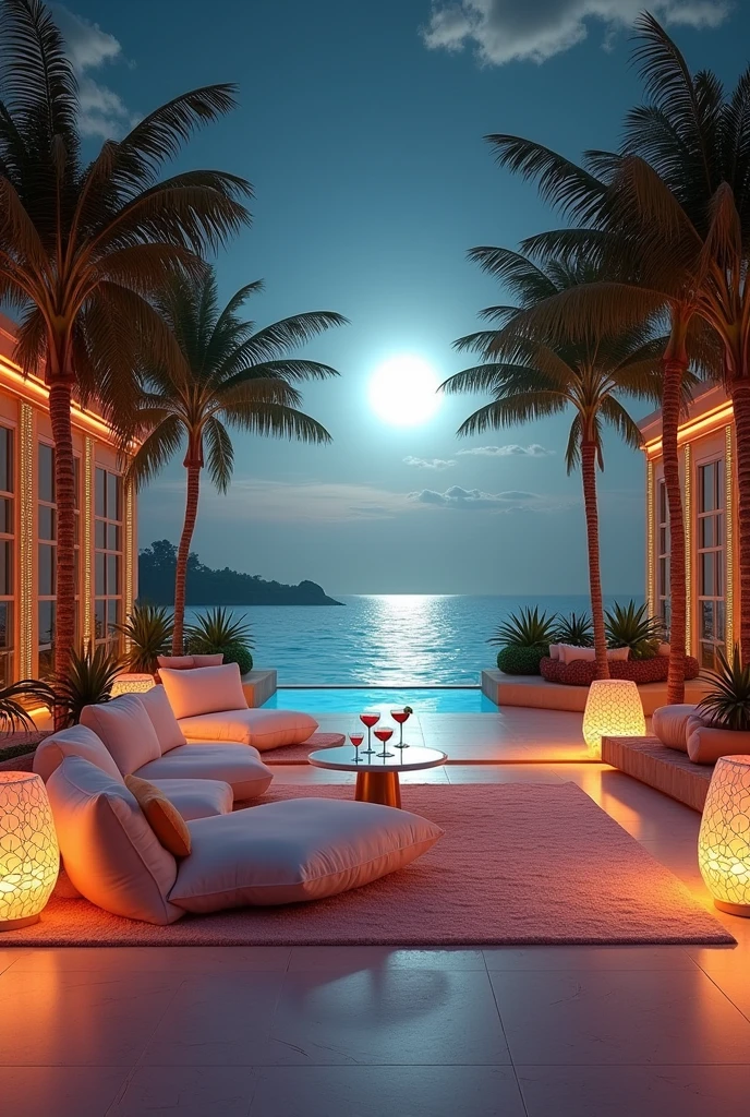 A stunning 3D representation of a luxurious paradisiacal setting, capturing the essence of opulence and natural beauty and surealism. The scene is viewed from a luxurious terrace adorned with plush cushions and modern lighting that exude warmth and elegance. in the center a small table with cocktails. In the background, the clear night over the calm sea, giving a bright tone to the swaying palm trees. The overall atmosphere is cinematic and modern, evoking a sense of glamor and sophistication., photo, fashion, vibrant colors cinematic, 3D rendering