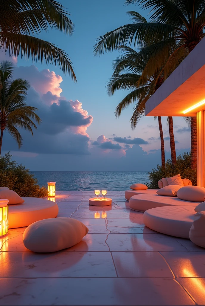 A stunning 3D representation of a luxurious paradisiacal setting, capturing the essence of opulence and natural beauty and surealism. The scene is viewed from a luxurious terrace adorned with plush cushions and modern lighting that exude warmth and elegance. in the center a small table with cocktails. In the background, the clear night over the calm sea, giving a bright tone to the swaying palm trees. The overall atmosphere is cinematic and modern, evoking a sense of glamor and sophistication., photo, fashion, vibrant colors cinematic, 3D rendering