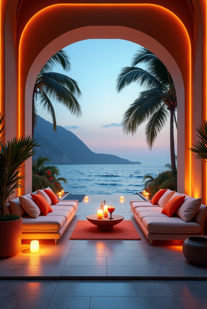 A stunning 3D representation of a luxurious paradisiacal setting, capturing the essence of opulence and natural beauty and surealism. The scene is viewed from a luxurious terrace adorned with plush cushions and modern lighting that exude warmth and elegance. in the center a small table with cocktails. In the background, the clear night over the calm sea, giving a bright tone to the swaying palm trees. The overall atmosphere is cinematic and modern, evoking a sense of glamor and sophistication., photo, fashion, vibrant colors cinematic, 3D rendering