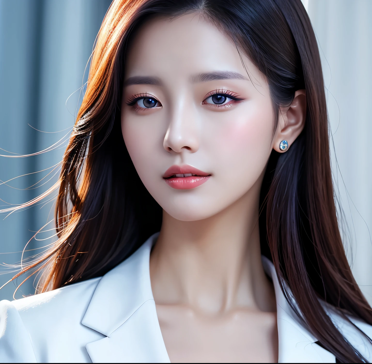 Close up portrait of woman in blue suit and white shirt, Elegant digital art, High-quality portraits, Shiny digital painting, Digital Art Images, Beautiful digital art, Elegant digital painting, Portraits of Korean female idols, Beautiful digital painting, Realistic cute girl drawing, high quality digital painting, TWICE's Tzuyu, Professional Profile Photo, Korean Girls