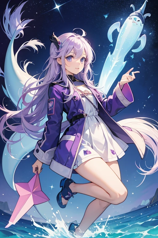 Akwa is a girl narwhal with a shiny purple coat. she also have a white tusk, fins, and tail. SPARKLE; GLITTER
