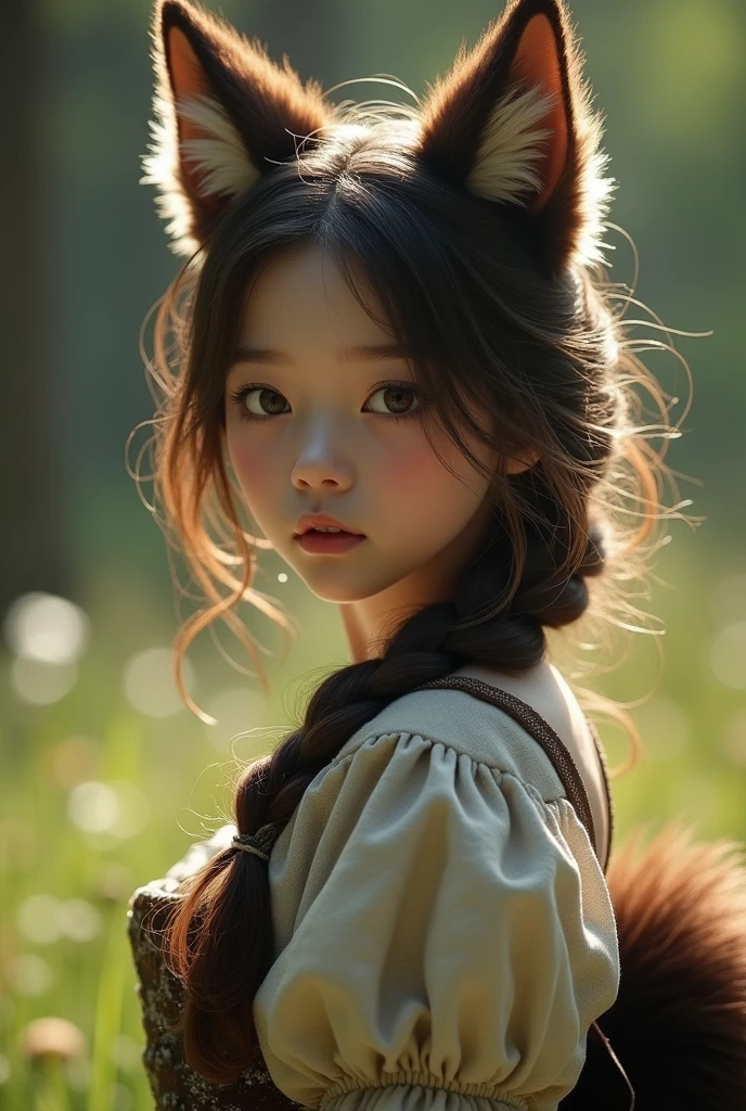 (8k, RAW photo, best quality, masterpiece), (photorealistic), outstanding details, ultra-high resolution, anatomically correct, textured skin, (Extremely precise and accurate anatomy), Ultra Detailed Face, Detailed Eyes, One girl, (whole body:1.4), (full body:1.4), Gaze, Cute Japanese girl , 18-year-old, ( Wolf Ears) , (Big wolf tail:1.4), (little smile), (Mouth slightly open), ( Double teeth) , Side braids, Brown Hair, curvy, Medieval European Costume, in the forest, grassland, wilderness, Forest, Background blur, far and near method, Cinematic light effects, reflected light, Artistic, Baroque, Cinematography, Portrait Photography, MFBP1,