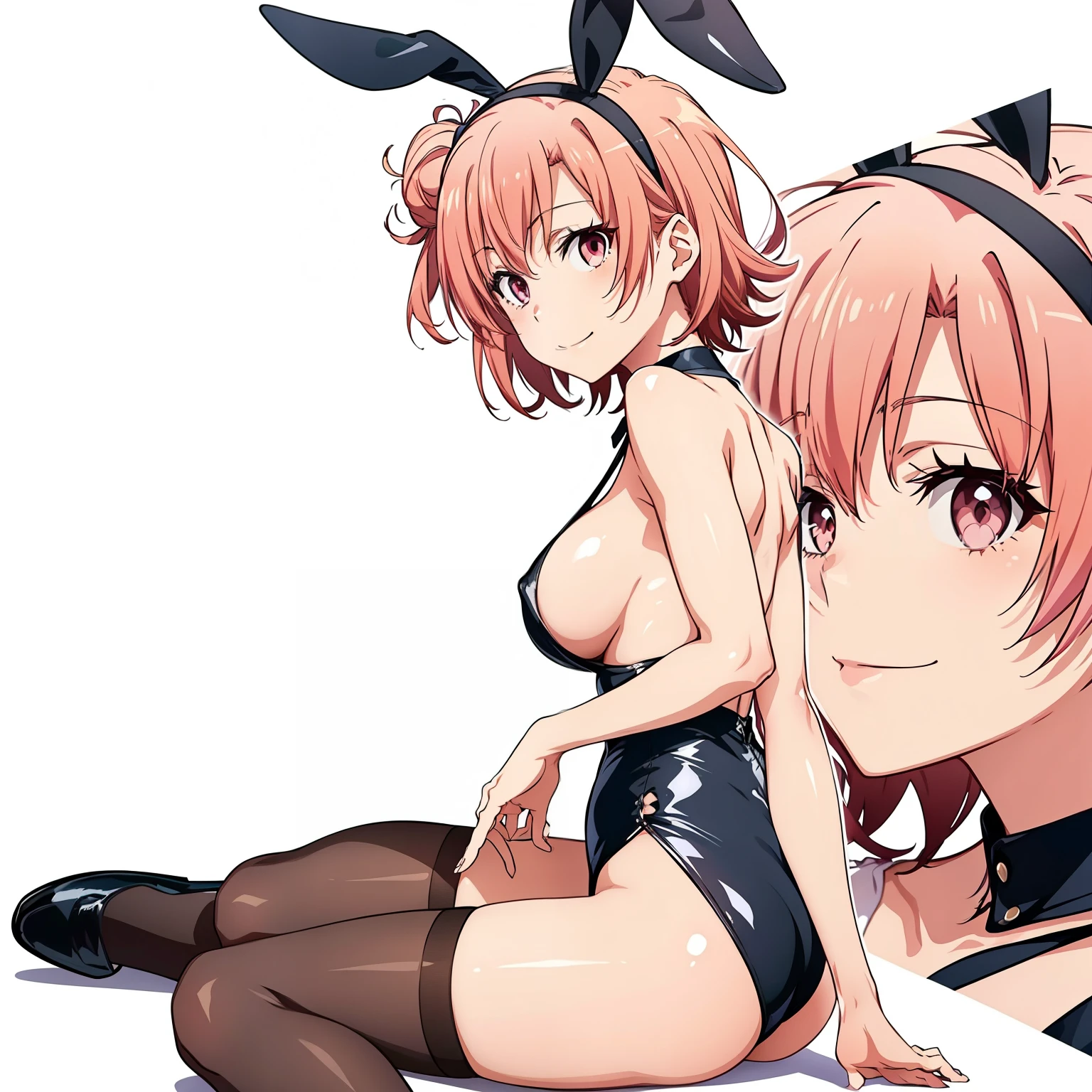 ((masutepiece, Best Quality, hight resolution, nffsw, Perfect Pixel, depth of fields, 4K, )), 1girl in, Solo, , Beautiful anime girl, Beautiful Art Style, close up, Looking at Viewer, Perfect body, side shot, Yuigahama Yui, Short hair, pink hair, pink eyes, hairbun, (large boob), side boob, sitting, black playboy bunny outfit, smile, hands on thighs, blank white background, shot from the waist up