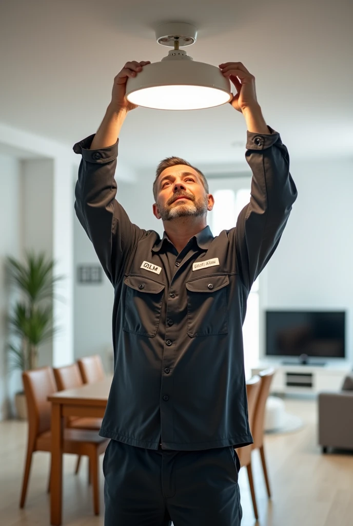 30 year old male technician, from sideways, changing ceiling light, ABNT standard of Brazil, wide image of house with white walls, showing table with chairs in the background of the image and living room with sofa and TV appearing in the background, with uniform written DLM, large image for Facebook post
