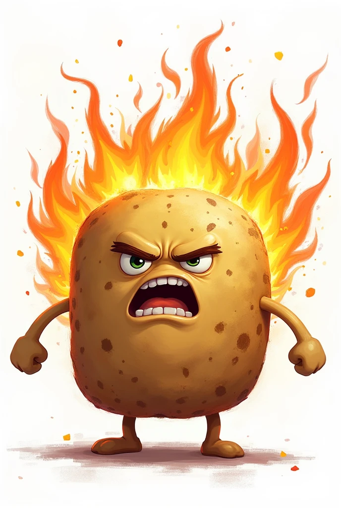 An adult rectangular potato celebrating a victory, with a bad and angry face and with fire behind and on a white background.
