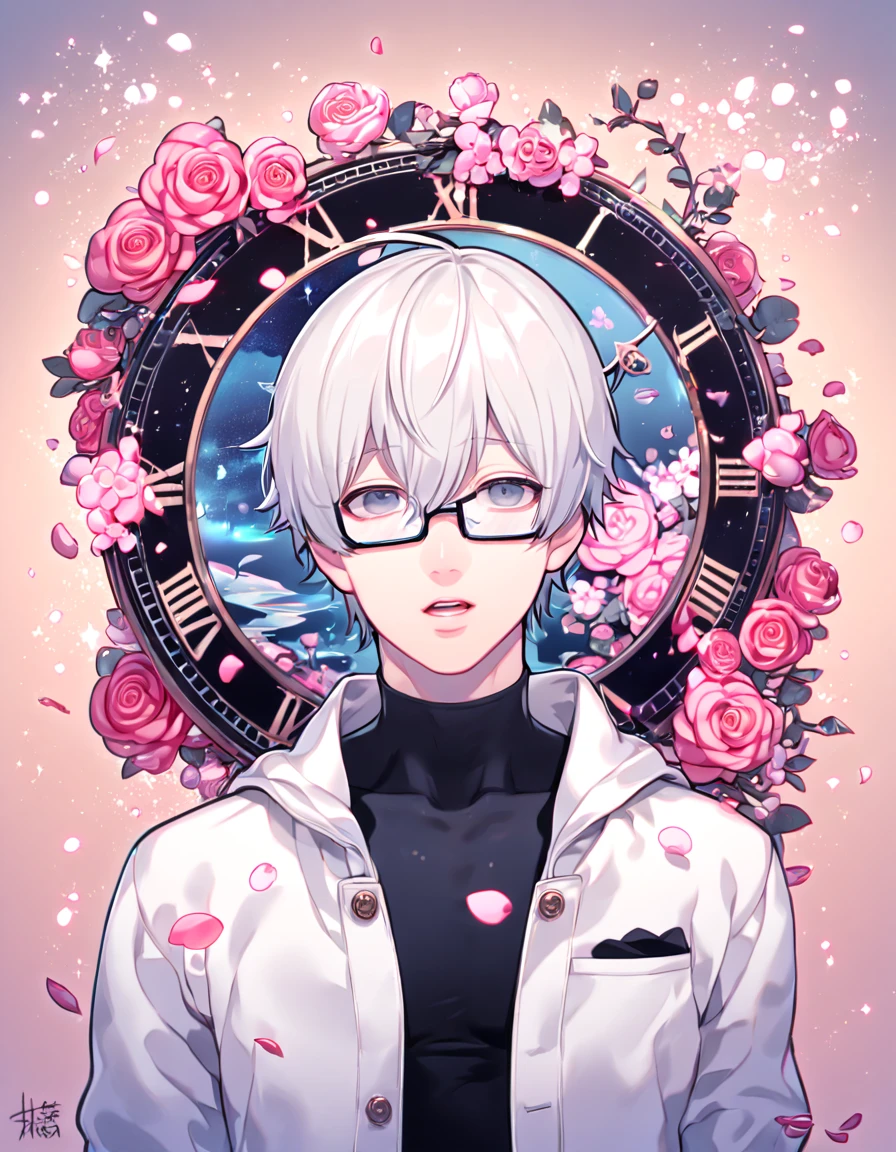 absurdres, highres, ultra detailed, HDR, master piece, best quality, extremely detailed, Arima Kishou, white hair, expressive gray eyes, tokyo ghoul, solo, sexy man, sensual, horny, handsome, white coat, black tight shirt, rectangular glasses, magical, fantasy, glittering, shining, water, pink roses, blossoms, petals, in woderland, clock