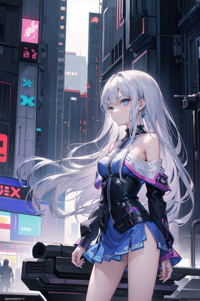 ((masterpiece)), ((best quality)), ((best illustration)), ((ultra-detailed)), 1 lady, solo, ager, absurdly long hair, silver hair, straight hair, ((blue eyes)), ((beautiful detailed eyes)), gloomy face, holding cybernetic weapon, lonely, looking at viewer, business suit, ((off shoulder)), ((miniskirt)), bare legs, thin body, thin arms, long arms, standing, cowboy shot, side view, urban, night, backlight, cyberpunk