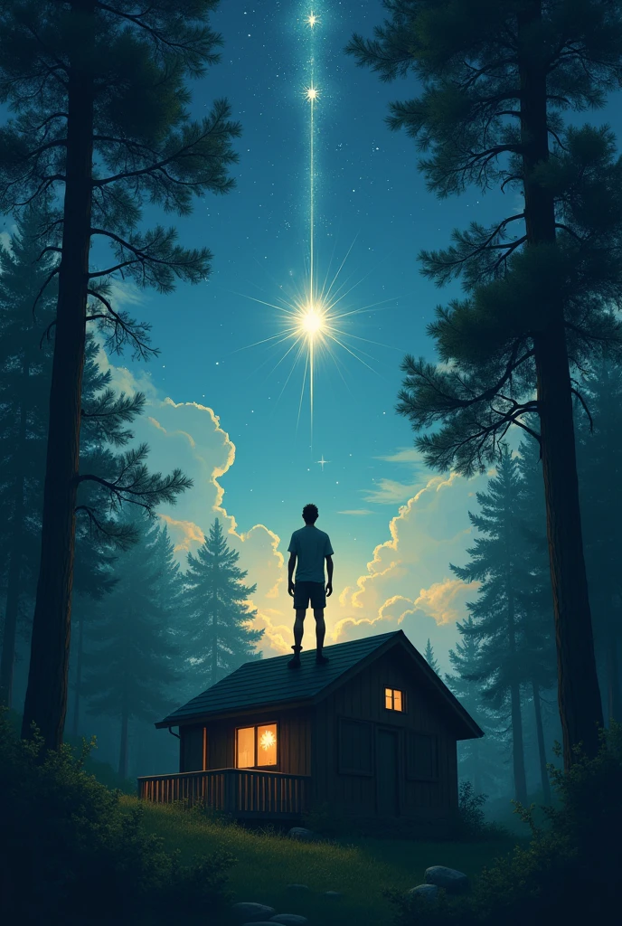 A young man closing his eyes and a star is slowly descending to the roof of his house where the young man is ,He is in the forest, he is on the roof of his house, but it can be seen that he is closing his eyes.