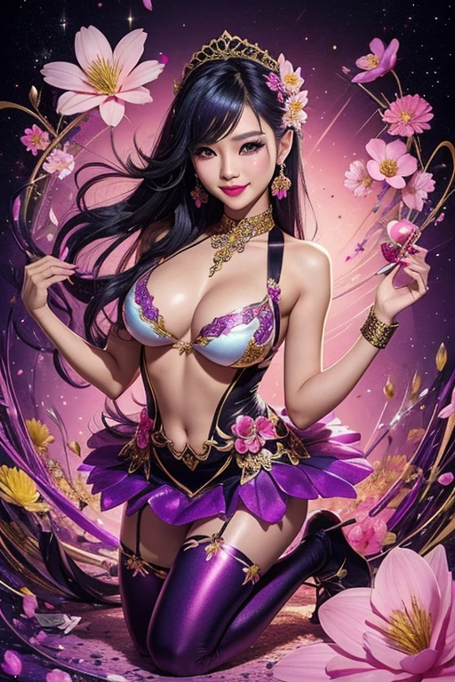 sexy Thai model who controls poison、beautiful smile、lipgloss、bold lipstick、intense makeup、look at the camera、full body Esbian、、sparkling poisoned flower costume、、、、sparkling Colorful hair、secrete poison、skull hair accessories、sexy tights、shiny sparkling flowers background