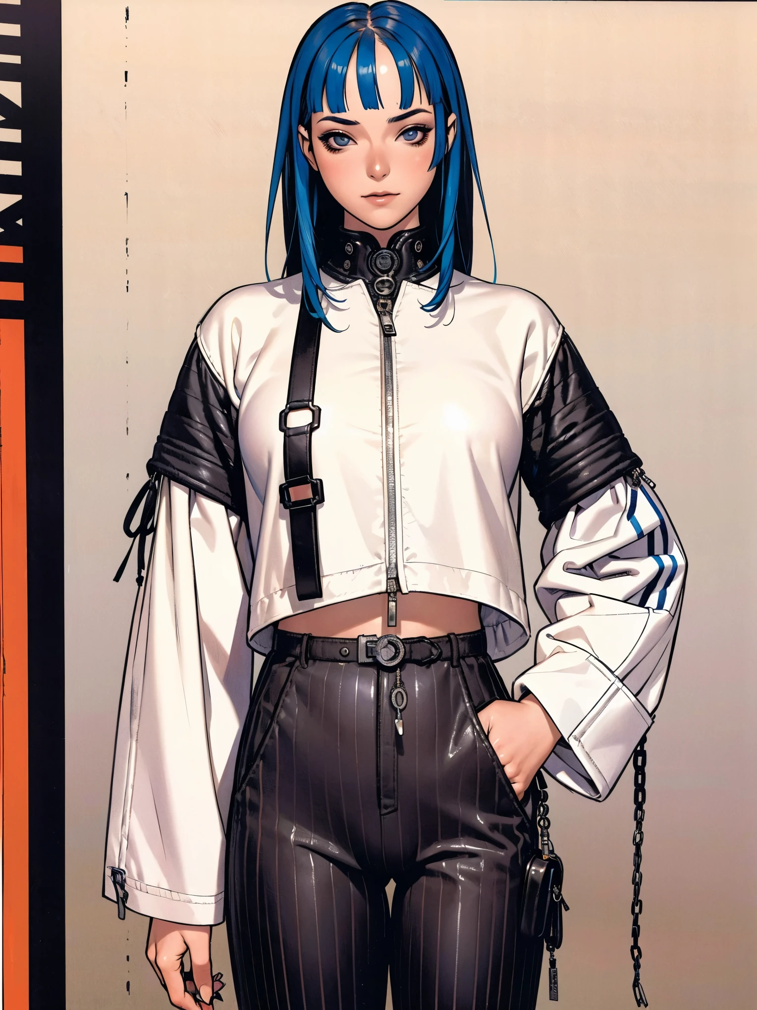 (best qualityer))), (((manga strokes))), (((black bob hair with straight bangs and blue highlights))), (((wide striped pants with 2 side stripes))), uma Kizi jovem muito bem vestida com roupas modernas de inverno, top gift vertical stripes, short jacket with dark fur collar, beautiful and expressive face, slightly-smile, big eyes with long black eyelashes, heavy make-up, chains and zippers spread across clothes, contrasting colours, pose de atitude, hair with a modern and futuristic cut, urban game poster art, dramatic camera angles, graffiti art elements in the background, design mixing contemporary and retro by Shepard Fairey, (((cowboy shot))), (((best qualityer: 1.4))), (Unbeatable masterpiece), (hiper HD),(CG 8k hyper-realistic), Kizi, (((standing alone))), pirralha violent, (((***))), sexly, pose de atitude, work of art, post-apocalypse, (((manga style))), bounty hunter, violent, Manic, the way you want, slenderbody, thin but strong, perfectbody, roupa moderna, advanced technology, neon, sleeves with vertical striped pattern, neutral background, (( cowboy shot )). intricate visual