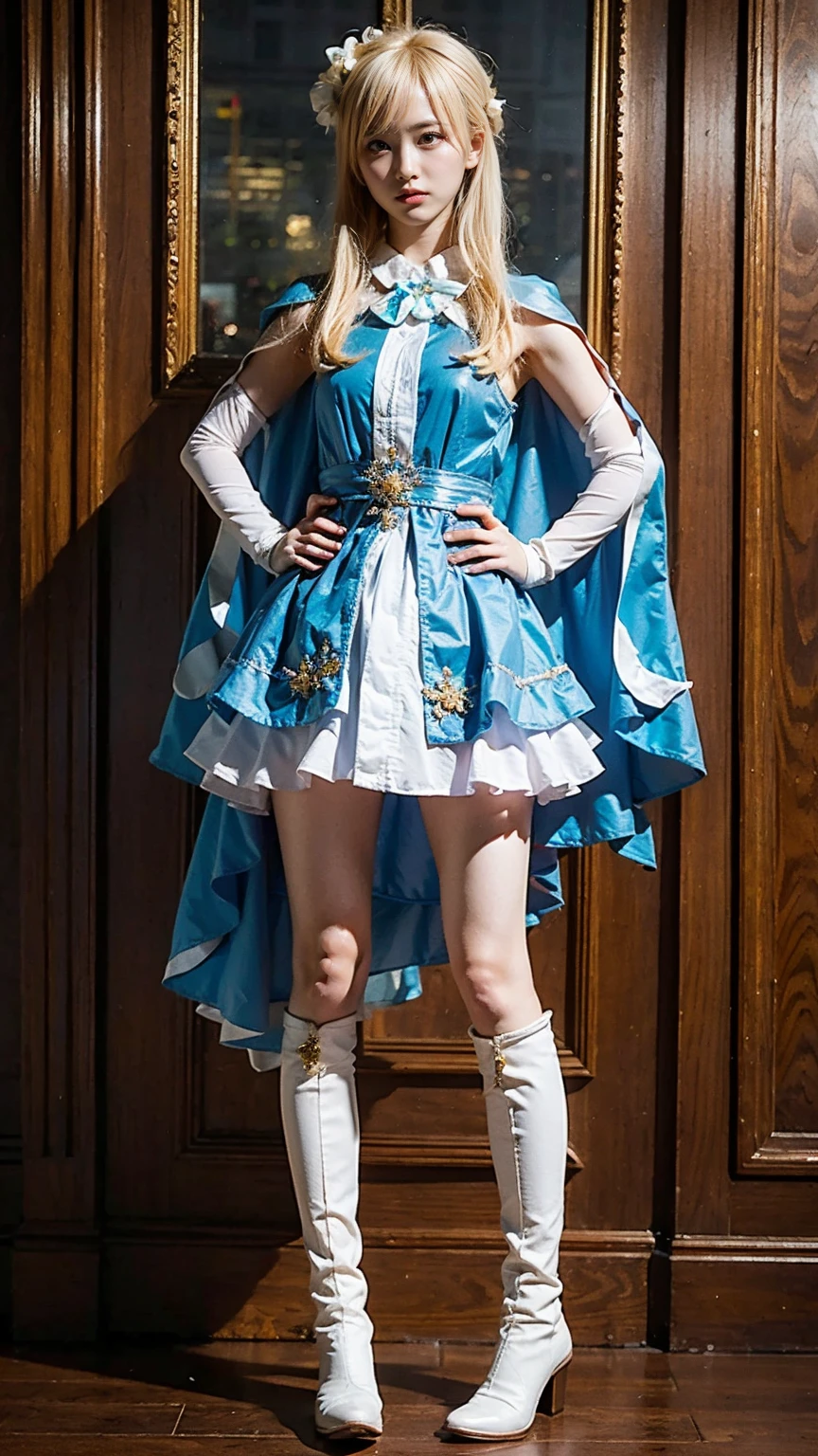(8k、RAW Photos、Highest quality、masterpiece:1.2)、(Realistic、Realistic)、1 girl、((Blonde、White and light blue、Frills、Cape、mini skirt、Thin legs、whole body、boots、View from the front、Looking into the camera、Stand with hands on hips))、cute