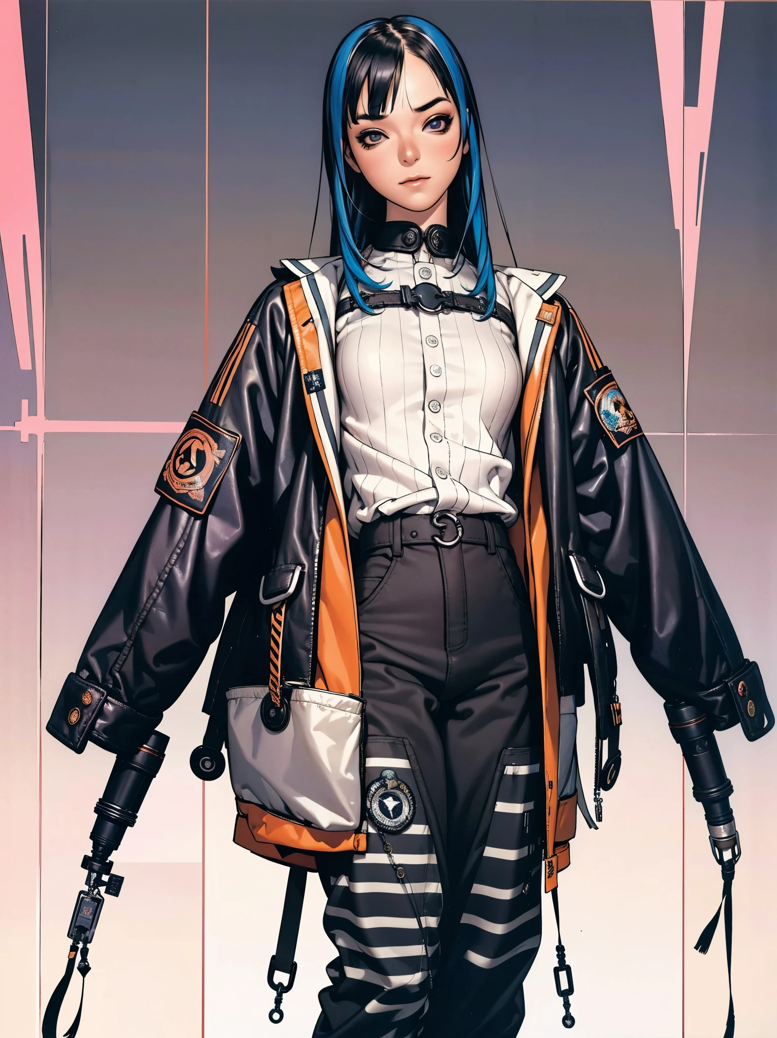 (best qualityer))), (((manga strokes))), (((black bob hair with straight bangs and blue highlights))), (((wide striped pants with 2 side stripes))), uma Kizi jovem muito bem vestida com roupas modernas de inverno, top gift vertical stripes, short jacket with dark fur collar, beautiful and expressive face, slightly-smile, big eyes with long black eyelashes, heavy make-up, chains and zippers spread across clothes, contrasting colours, pose de atitude, hair with a modern and futuristic cut, urban game poster art, dramatic camera angles, graffiti art elements in the background, design mixing contemporary and retro by Shepard Fairey, (((cowboy shot))), (((best qualityer: 1.4))), (Unbeatable masterpiece), (hiper HD),(CG 8k hyper-realistic), Kizi, (((standing alone))), pirralha violent, (((***))), sexly, pose de atitude, work of art, post-apocalypse, (((manga style))), bounty hunter, violent, Manic, the way you want, slenderbody, thin but strong, perfectbody, roupa moderna, advanced technology, neon, sleeves with vertical striped pattern, neutral background, (( cowboy shot )). intricate visual