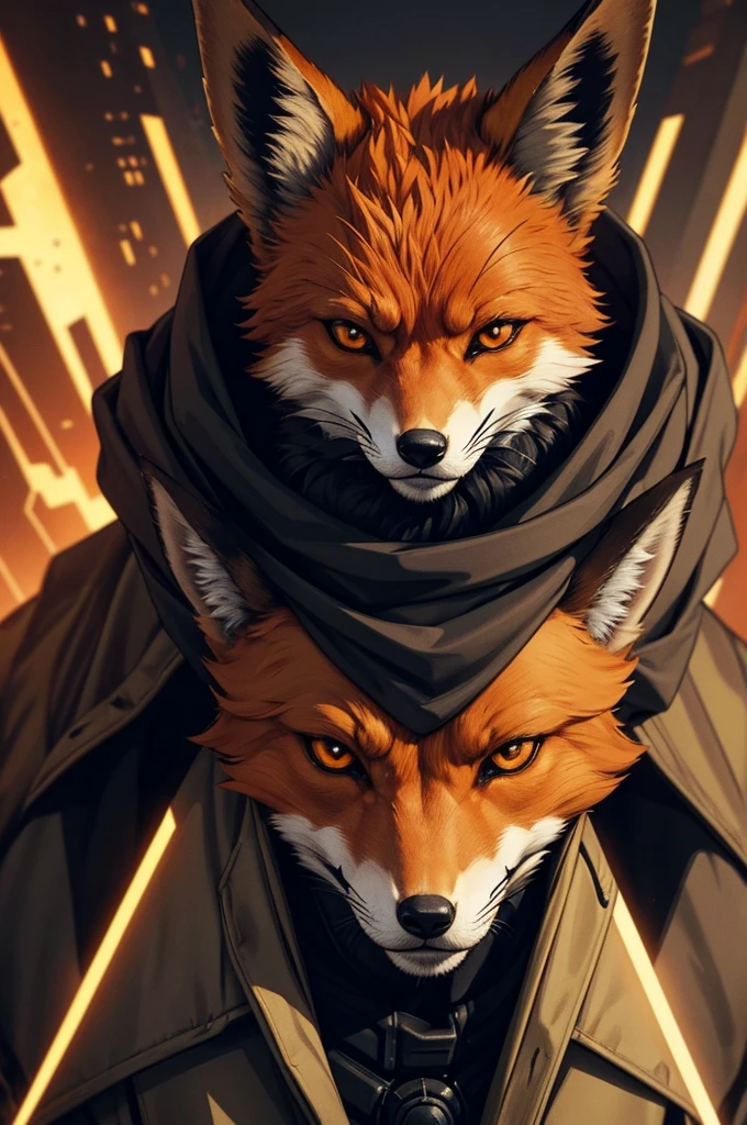 A humanoid fox in a dystopian comic book style, echoing the look of the 'Distopia' series. This fox features exaggerated, caricatured traits with sharp, angular lines. Its fur is sparse, mainly in muted orange and brown hues with dark gray patches. Dressed in a trench coat that partially obscures a concealed gadget or symbol hinting at hidden conspiracies, the fox's eyes are intense and subtly glowing, adding to its enigmatic and cunning appearance. The background is dark and filled with shadowy figures and abstract shapes, creating a secretive and foreboding ambiance.